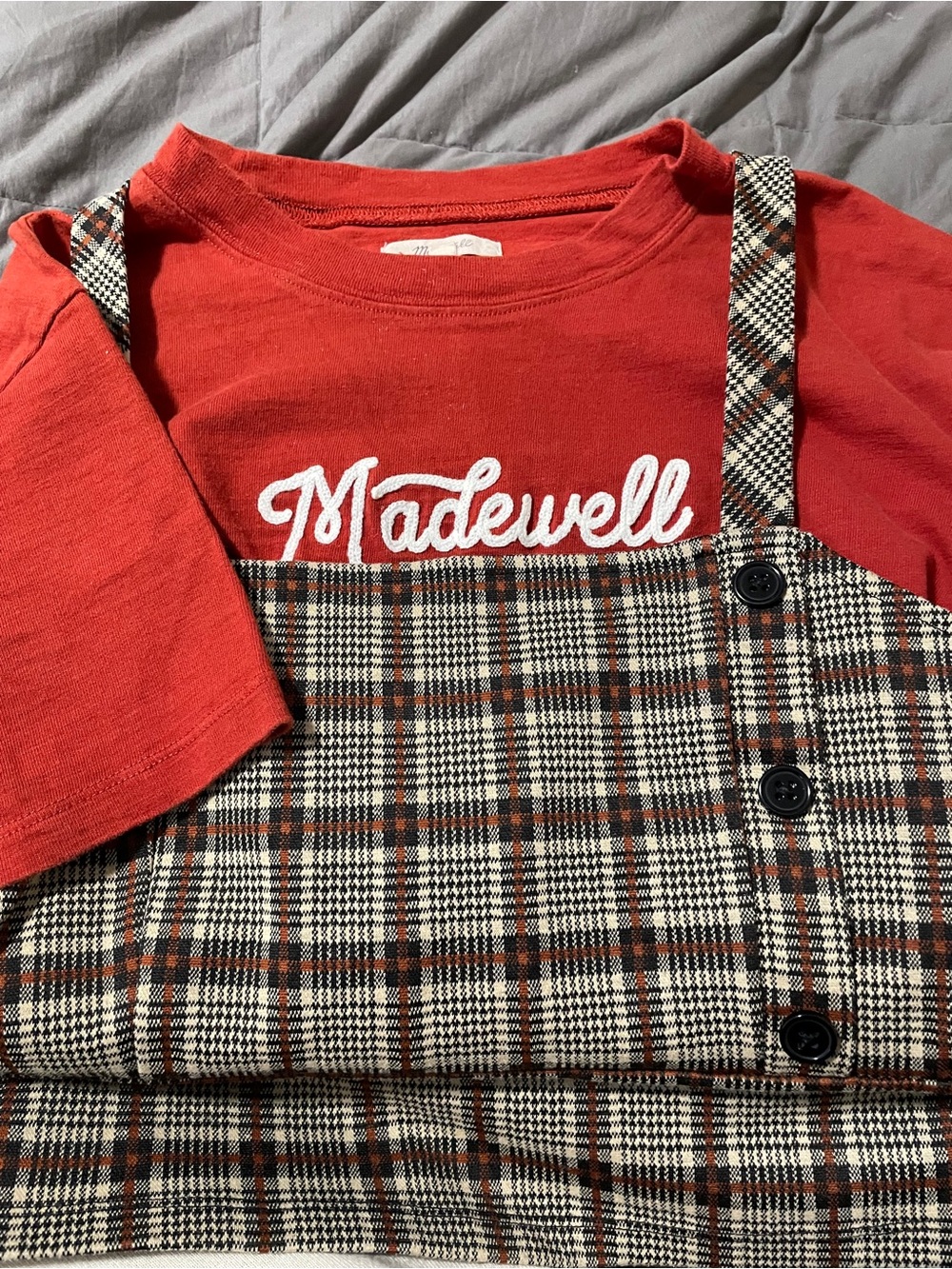 Madewell/J Crew dress size M womens Soft rust Crewneck Tee/Forever 21 pinafore M